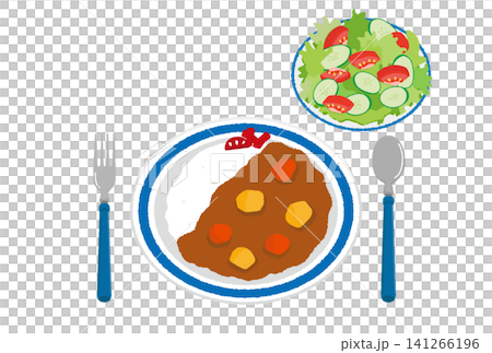 一組咖哩飯和沙拉的插圖。 一組咖哩飯和沙拉的插圖。 141266196