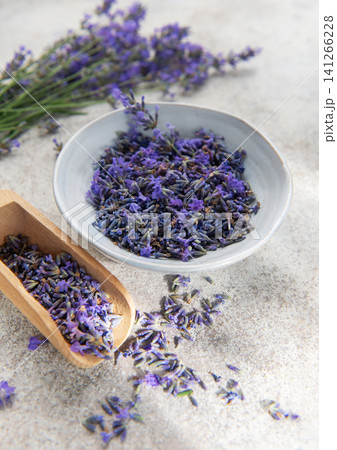 Lavender buds in bowl and scoop for aromatherapy Lavender buds in bowl and scoop for aromatherapy 141266228