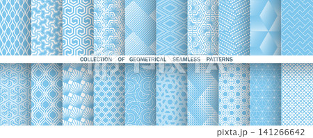 Geometric set of seamless blue and white patterns. Simple vector graphics Geometric set of seamless blue and white patterns. Simple vector graphics 141266642