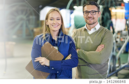 Warehouse, portrait and confident people with clipboard for stock, inventory and shipping. Colleagues, teamwork and collaboration on import or export, factory and paperwork for logistics on delivery Warehouse, portrait and confident people with clipboard for stock, inventory and shipping. Colleagues, teamwork and collaboration on import or export, factory and paperwork for logistics on delivery 141266848