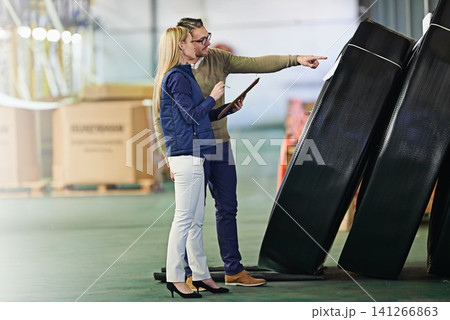 Business people, logistics and checklist in warehouse for delivery, shipping inventory and stock inspection. Distribution, ecommerce and teamwork for freight, supply chain and quality control Business people, logistics and checklist in warehouse for delivery, shipping inventory and stock inspection. Distribution, ecommerce and teamwork for freight, supply chain and quality control 141266863