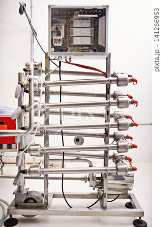 Factory, craft beer and metal tube with valve for production, manufacturing and pipes in workshop. Warehouse, plant or industry for alcohol, steel and machine for lager, stout or pilsner in container 141266953