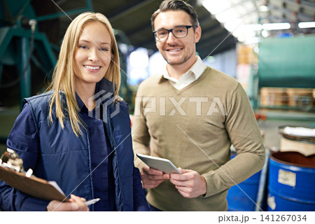 Man, woman and portrait for warehouse inspection with clipboard or tablet for supply chain, distribution or manufacturing. Factory worker, face and teamwork for courier logistics, import or delivery Man, woman and portrait for warehouse inspection with clipboard or tablet for supply chain, distribution or manufacturing. Factory worker, face and teamwork for courier logistics, import or delivery 141267034
