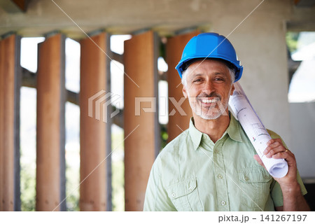 Architect, floor plan and construction site in portrait for building luxury house, apartment or residence. Man, blueprint and hard hat on for safety, protection or shelter smiling and confident Architect, floor plan and construction site in portrait for building luxury house, apartment or residence. Man, blueprint and hard hat on for safety, protection or shelter smiling and confident 141267197