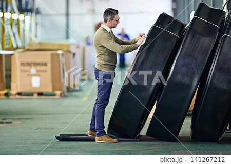 Checklist, shipment and business man with inventory, for delivery, shipping logistics or stock inspection in warehouse. Distribution, ecommerce and worker for freight, supply chain or quality control 141267212