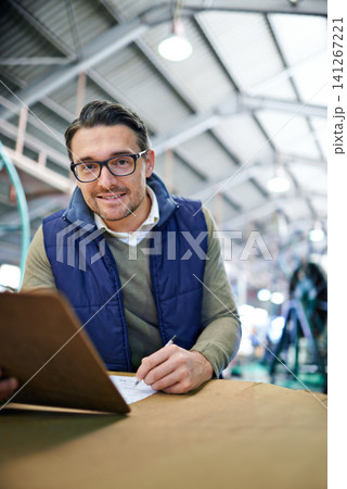 Checklist, package and portrait of man with clipboard for inventory management, logistics or inspection in warehouse. Distribution, ecommerce and worker for cargo, supply chain or quality control Checklist, package and portrait of man with clipboard for inventory management, logistics or inspection in warehouse. Distribution, ecommerce and worker for cargo, supply chain or quality control 141267221