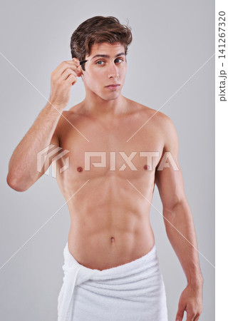 Tweezer, health and man on gray background for wellness, hair removal and beauty treatment in studio. Skincare, dermatology and isolated person with beauty tools for cosmetics, grooming and hygiene Tweezer, health and man on gray background for wellness, hair removal and beauty treatment in studio. Skincare, dermatology and isolated person with beauty tools for cosmetics, grooming and hygiene 141267320