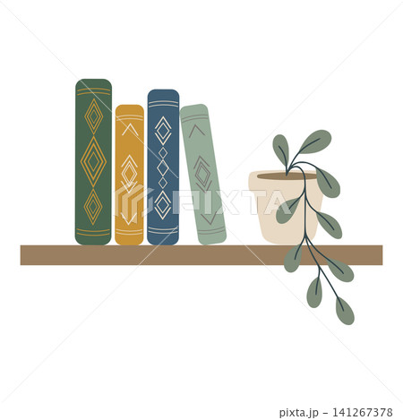 Books and potted plant on wooden shelf Books and potted plant on wooden shelf 141267378