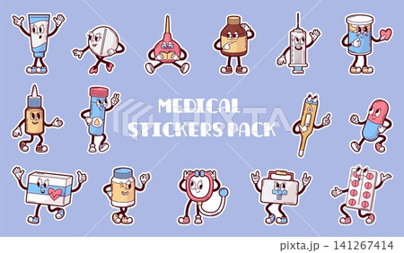 Medical stickers. Funny pharmacy and hospital characters, groovy sticker design. Drugs, first aid kit, vitamins, cream in tube, neoteric vector set Medical stickers. Funny pharmacy and hospital characters, groovy sticker design. Drugs, first aid kit, vitamins, cream in tube, neoteric vector set 141267414