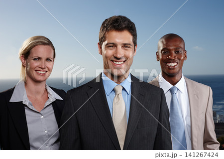 Portrait, diversity and business people with pride in group for corporate team, outdoor and smile by ocean. Men, woman and collaboration with management for entrepreneur, workforce and leadership. Portrait, diversity and business people with pride in group for corporate team, outdoor and smile by ocean. Men, woman and collaboration with management for entrepreneur, workforce and leadership. 141267424
