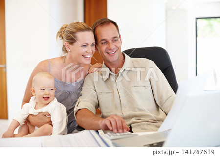 Parents, baby and laptop for home budget, planning and happy with finance, taxes or loan registration. Mother, father or family with child and computer for investment, savings and asset management 141267619