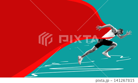 Sprint athlete breaking through graphic shape in minimal sports advertising design Sprint athlete breaking through graphic shape in minimal sports advertising design 141267815