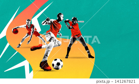 Modern sports collage featuring basketball soccer and baseball players for promotional design. Modern sports collage featuring basketball soccer and baseball players for promotional design. 141267821