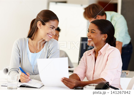 Documents, women or happy business people in meeting for report, discussion or portfolio for project. Smile, teamwork and workers planning in office talking, conversation or speaking of paperwork Documents, women or happy business people in meeting for report, discussion or portfolio for project. Smile, teamwork and workers planning in office talking, conversation or speaking of paperwork 141267842