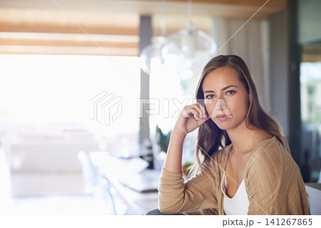 Living room, relax and portrait of woman in home for resting, calm and chill on weekend afternoon. House, living room and face of person with beauty, confidence and pride on holiday and free time Living room, relax and portrait of woman in home for resting, calm and chill on weekend afternoon. House, living room and face of person with beauty, confidence and pride on holiday and free time 141267865