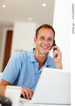 Portrait, man or phone call on business, laptop or contact to discuss nft, investment or portfolio. Entrepreneur, mobile or computer to search, forex or crypto as market, trade or information at desk Portrait, man or phone call on business, laptop or contact to discuss nft, investment or portfolio. Entrepreneur, mobile or computer to search, forex or crypto as market, trade or information at desk 141268064