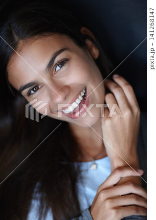 Happy woman, beauty or portrait in studio for skincare or cosmetology for natural shine or face. Cosmetics, smile or girl with healthy glow or dermatology results for wellness on black background Happy woman, beauty or portrait in studio for skincare or cosmetology for natural shine or face. Cosmetics, smile or girl with healthy glow or dermatology results for wellness on black background 141268147