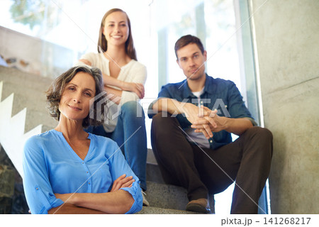 Portrait, family and stairs with confidence in real estate, property or investment together at home. Mature mother with young adults in pride, new house or ownership of modern residence or purchase 141268217