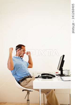 Man, pc or entrepreneur in business, success or startup by sales, target or growth as wow job app. Businessman, computer or internet to celebrate, good news or promotion on office mockup space 141268405