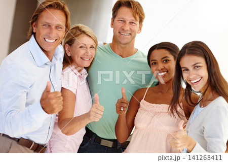 Portrait, thumbs up or team of business people in startup agreement, support or collaboration together. Proud community, group or happy employees smile with diversity, yes sign or like hand gesture 141268411