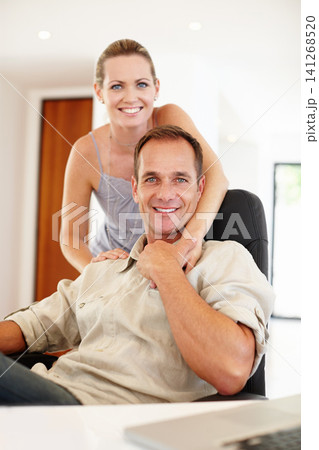 Smile, portrait and couple in hug on chair, love and proud of marriage milestone in home. Happy, embrace and people for relationship achievement, romance and bonding in apartment for enjoyment Smile, portrait and couple in hug on chair, love and proud of marriage milestone in home. Happy, embrace and people for relationship achievement, romance and bonding in apartment for enjoyment 141268520
