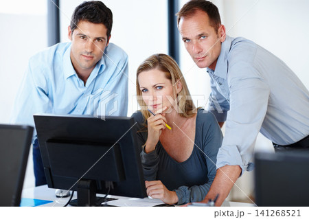 Group, thinking and portrait with task, computer and plan for corporate, strategy and development in office. Woman, colleagues and tech for work, discussion and review for brainstorming in workplace. 141268521