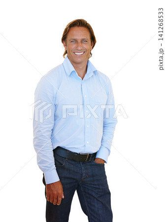 Confident, businessman and standing in portrait studio with hand in pocket for management at start up company. Happy, person and professional executive with relaxed style in isolated white background 141268533