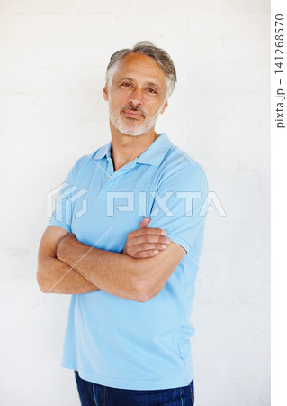 Portrait, fashion and senior man with arms crossed, casual outfit and model on white studio background. Face, mature person and old guy with mockup space and trendy with stylish clothes or retirement Portrait, fashion and senior man with arms crossed, casual outfit and model on white studio background. Face, mature person and old guy with mockup space and trendy with stylish clothes or retirement 141268570