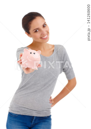 Portrait, piggy bank and happy woman in studio for savings, finance or investment. Cash, smile and person with money box for budget, income or show container for profit isolated on a white background Portrait, piggy bank and happy woman in studio for savings, finance or investment. Cash, smile and person with money box for budget, income or show container for profit isolated on a white background 141268600