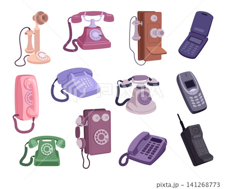 Phone evolution. Vector illustration features classic rotary telephones cordless handsets and mobile phones in a exact technology collection Phone evolution. Vector illustration features classic rotary telephones cordless handsets and mobile phones in a exact technology collection 141268773