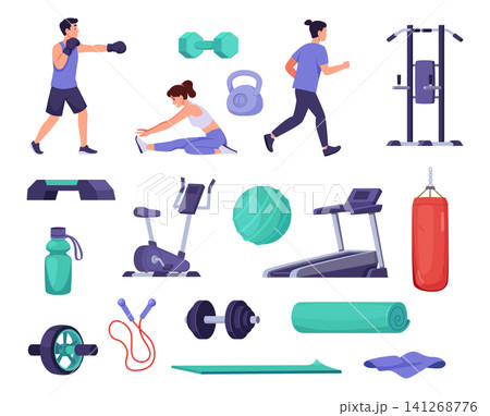 Gym workout. Vector illustration features exercise machines dumbbells kettlebells and sports accessories for training and fitness exact assets Gym workout. Vector illustration features exercise machines dumbbells kettlebells and sports accessories for training and fitness exact assets 141268776