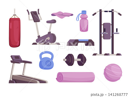 Fitness equipment. Vector illustration shows gym machines weights punching bags rings and athletes training in a exact collection Fitness equipment. Vector illustration shows gym machines weights punching bags rings and athletes training in a exact collection 141268777