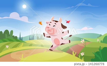 Farm characters. Vector background composition includes happy baby cows with garden food milk and cute accessories forming a exact collection Farm characters. Vector background composition includes happy baby cows with garden food milk and cute accessories forming a exact collection 141268778