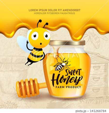 Honey product. Vector illustration features a cute bee honey jar dipper and golden honey theme for farm branding Honey product. Vector illustration features a cute bee honey jar dipper and golden honey theme for farm branding 141268784