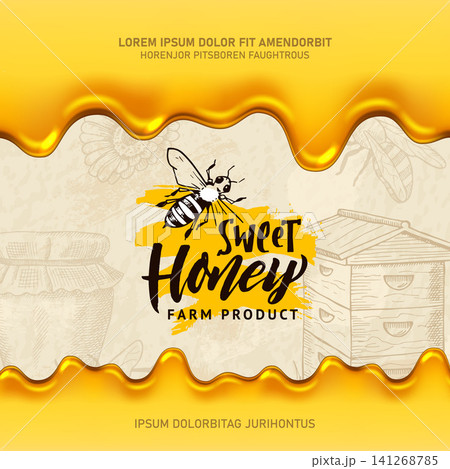 Honey branding. Vector banner design with flowing honey bee sketch and farm product typography for natural food packaging Honey branding. Vector banner design with flowing honey bee sketch and farm product typography for natural food packaging 141268785