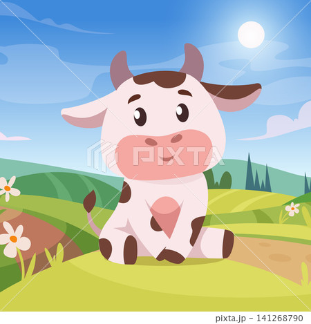 Cute cow. Vector illustration of a smiling cartoon cow sitting in a countryside landscape with hills flowers and blue sky Cute cow. Vector illustration of a smiling cartoon cow sitting in a countryside landscape with hills flowers and blue sky 141268790