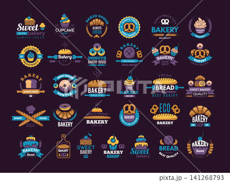 Bakery logos. Vector collection of bakery badges emblems and pastry shop logos with cakes bread pretzels and sweet treats 141268793