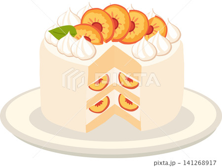 a peach cream cake with whipped cream and fruit slices rests on a white plate a peach cream cake with whipped cream and fruit slices rests on a white plate 141268917