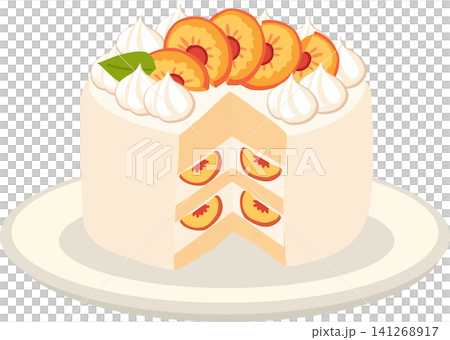 a peach cream cake with whipped cream and fruit slices rests on a white plate a peach cream cake with whipped cream and fruit slices rests on a white plate 141268917