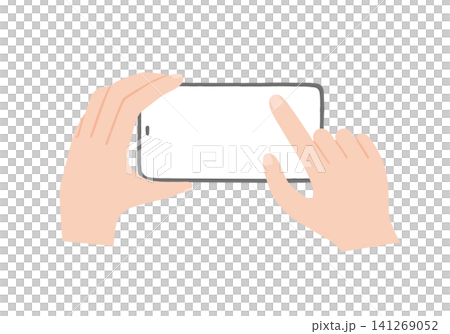 Illustration of a hand operating a smartphone held horizontally. Illustration of a hand operating a smartphone held horizontally. 141269052