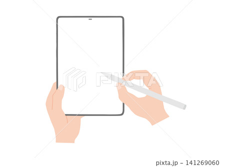 タブレットとペンを持つ手のイラスト 縦 141269060
