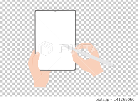 タブレットとペンを持つ手のイラスト 縦 141269060