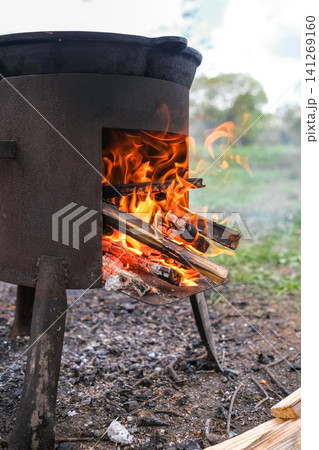 Flames dance inside a sturdy metal stove as dry wood is added, creating warmth and ambiance in a peaceful outdoor environment surrounded by nature. 141269160