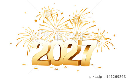 Gold 3D 2027 logo, New Year number isolated with fireworks Gold 3D 2027 logo, New Year number isolated with fireworks 141269268
