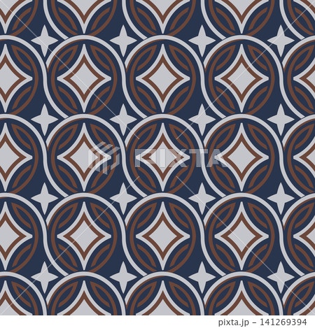 Abstract geometric seamless pattern in retro style. Classic vector background with circles and stars in navy blue, brown and grey for fabric. Abstract geometric seamless pattern in retro style. Classic vector background with circles and stars in navy blue, brown and grey for fabric. 141269394