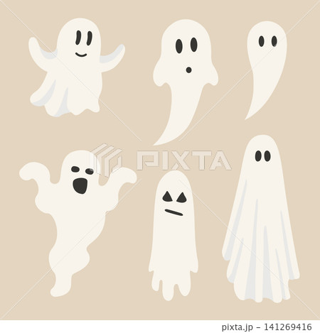 Hand-drawn Halloween spooky cute ghost collection for seasonal decor, packaging, special holiday offer clipart 141269416