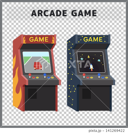 Illustrations of retro arcade game cabinets featuring a driving game and a space shooting game. Illustrations of retro arcade game cabinets featuring a driving game and a space shooting game. 141269422