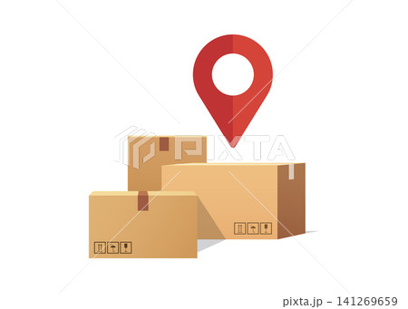 cardboard boxes for delivery with red map pin location symbol 141269659