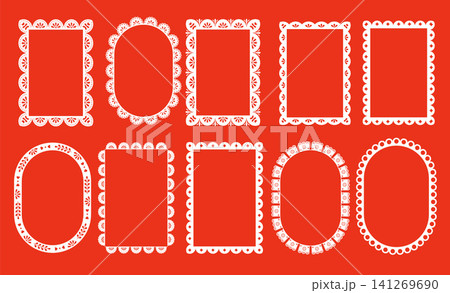 Collection of papel picado frames in traditional Mexican folk art style. Decorative vector borders 141269690