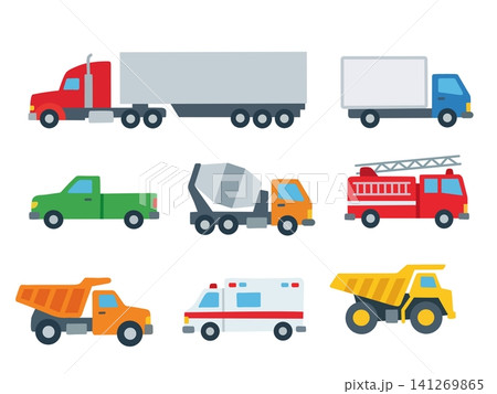 Flat transportation vehicle icon set featuring semi truck, delivery truck, pickup, cement mixer, fire truck, dump truck, ambulance and heavy mining truck 141269865
